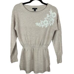 RW & CO Floral Embroidered Cinched Waist Tunic Sweater XS Cream